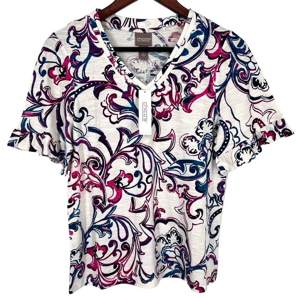 NEW NWT Chicos Sz Small 0 Ruffle Sleeve Tropical Summer Short Sleeve Shirt Top